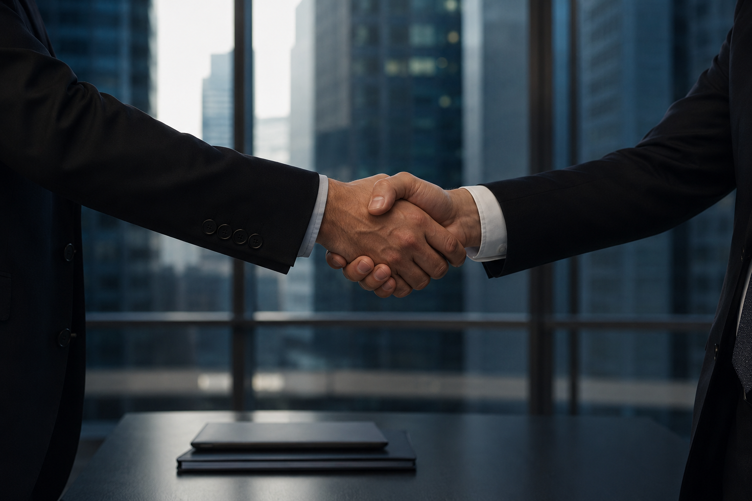 Two dealmakers shaking hands in front of an industrial production facility