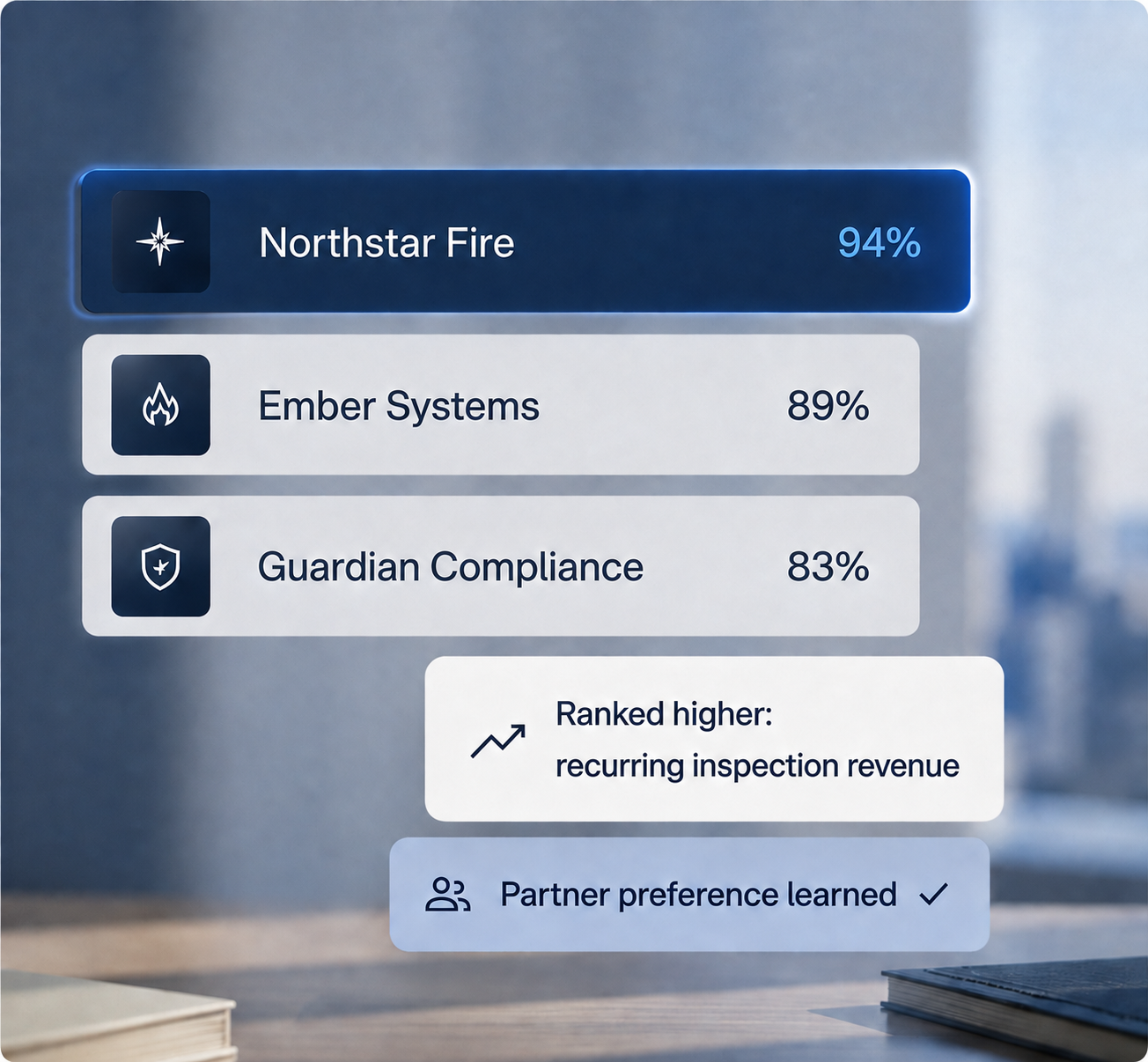 Ranked pipeline showing Northstar Fire, Ember Systems, and Guardian Compliance with strategy fit scores and a learned partner preference